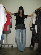 NeverSeez Washed Embroidered Wide Leg Jeans in Blue - On Model