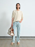 ROYA Linen Cotton Jacquard Henley in Cream - On Model