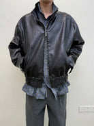 NeverSeez Stand Collar Faux Leather Jacket in Black - On Male Model