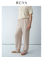 ROYA Elastic Waist Wide Leg Linen Trousers in Beige - On Model