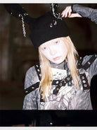 CFIERCE Safety Pin Ribbed Bunny Beanie in Black