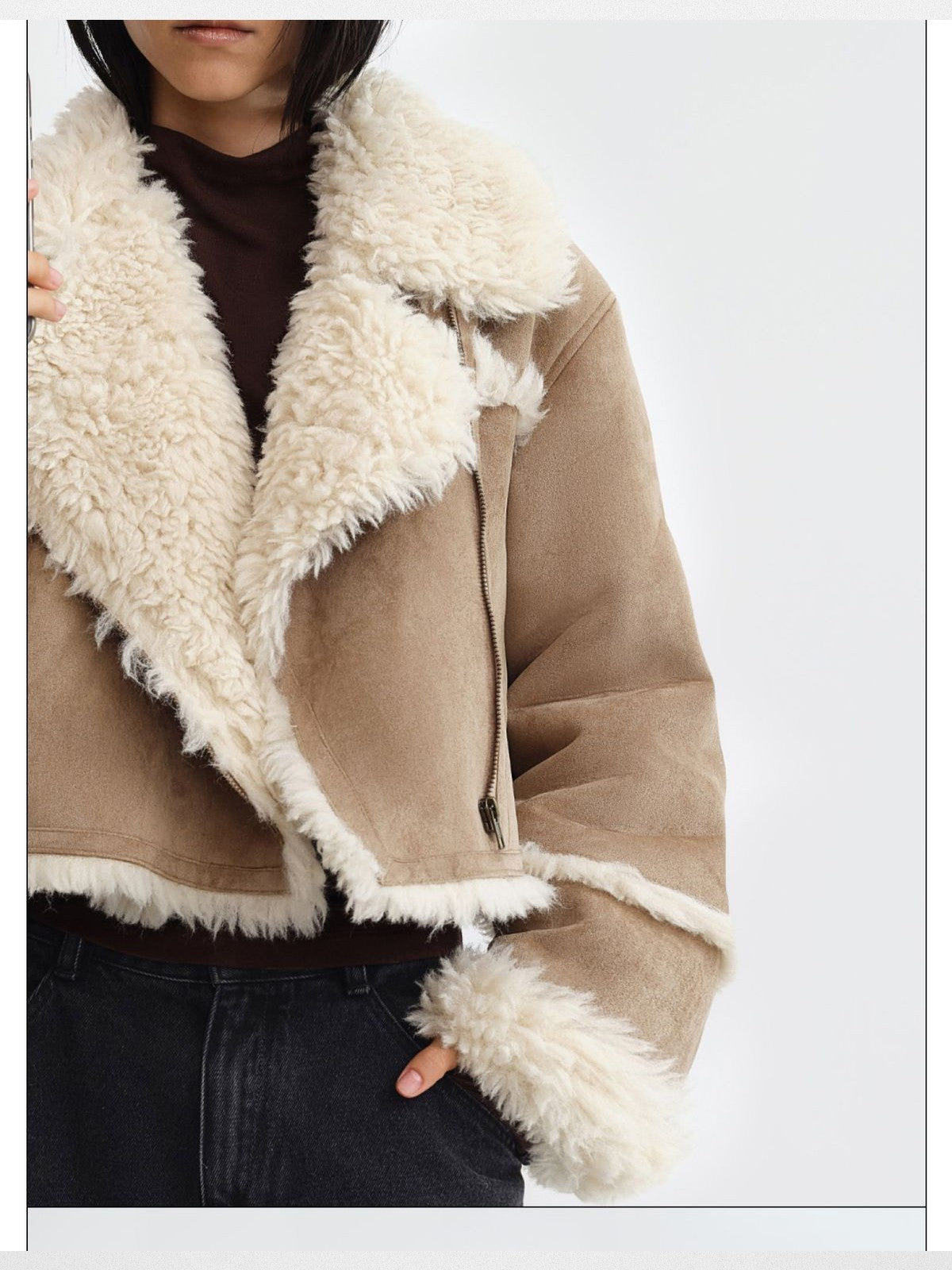 RARELY ALIKE Cropped Faux Shearling Moto Jacket in Khaki - On Model