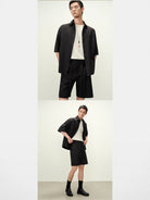 ROYA Silk Blend Hidden Placket Shirt in Black - On Model