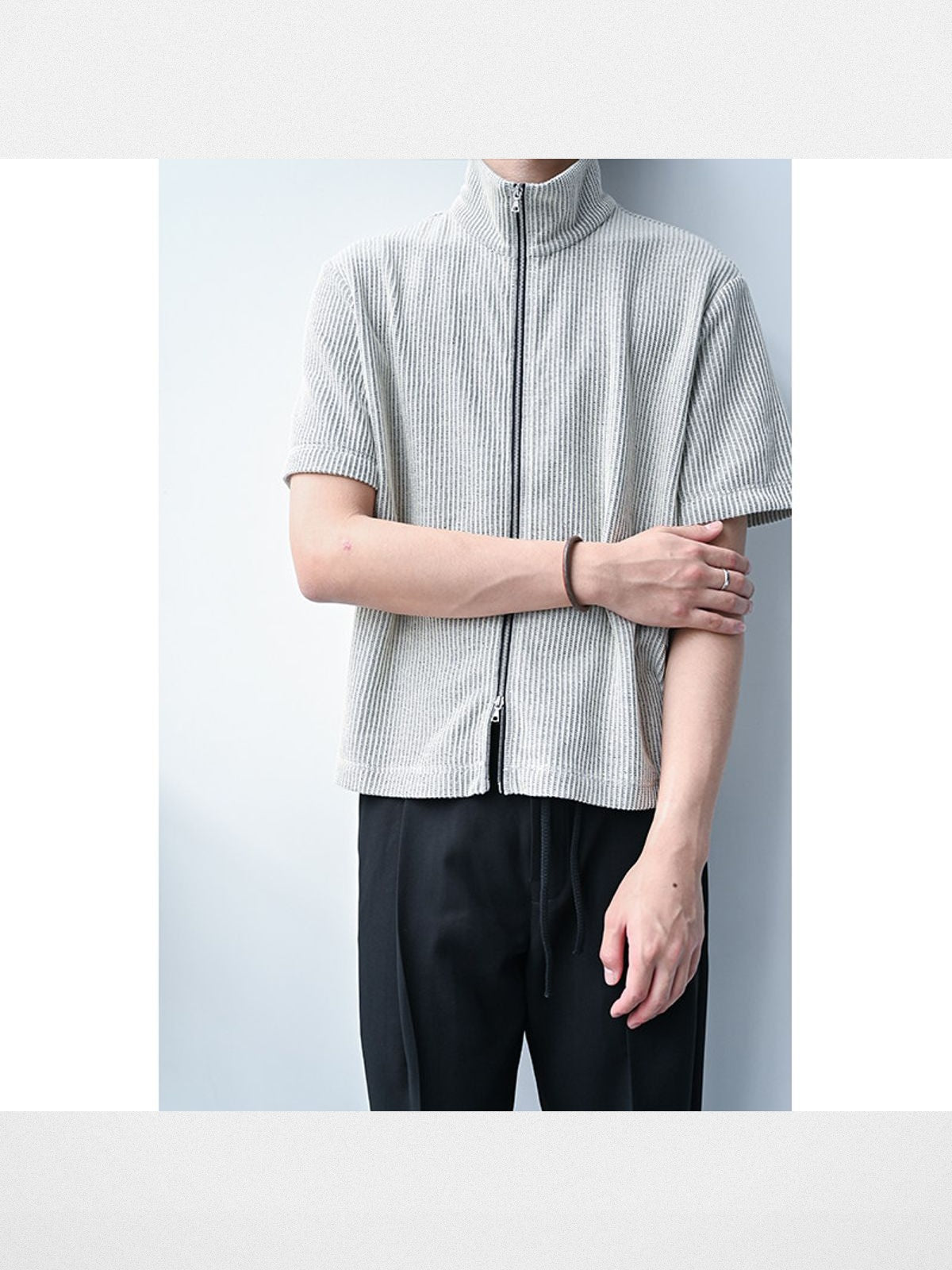 Roolrren Homme Ribbed Wool Blend Zip Up Top in Beige - On Model