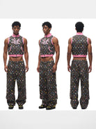 CFIERCE Sticker Print Wide Leg Cargo Pants in Black - On Male Model