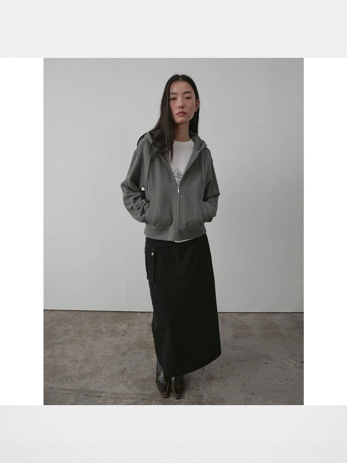 RandomPiece Cropped Cotton Zip Up Hoodie in Gray - On Model