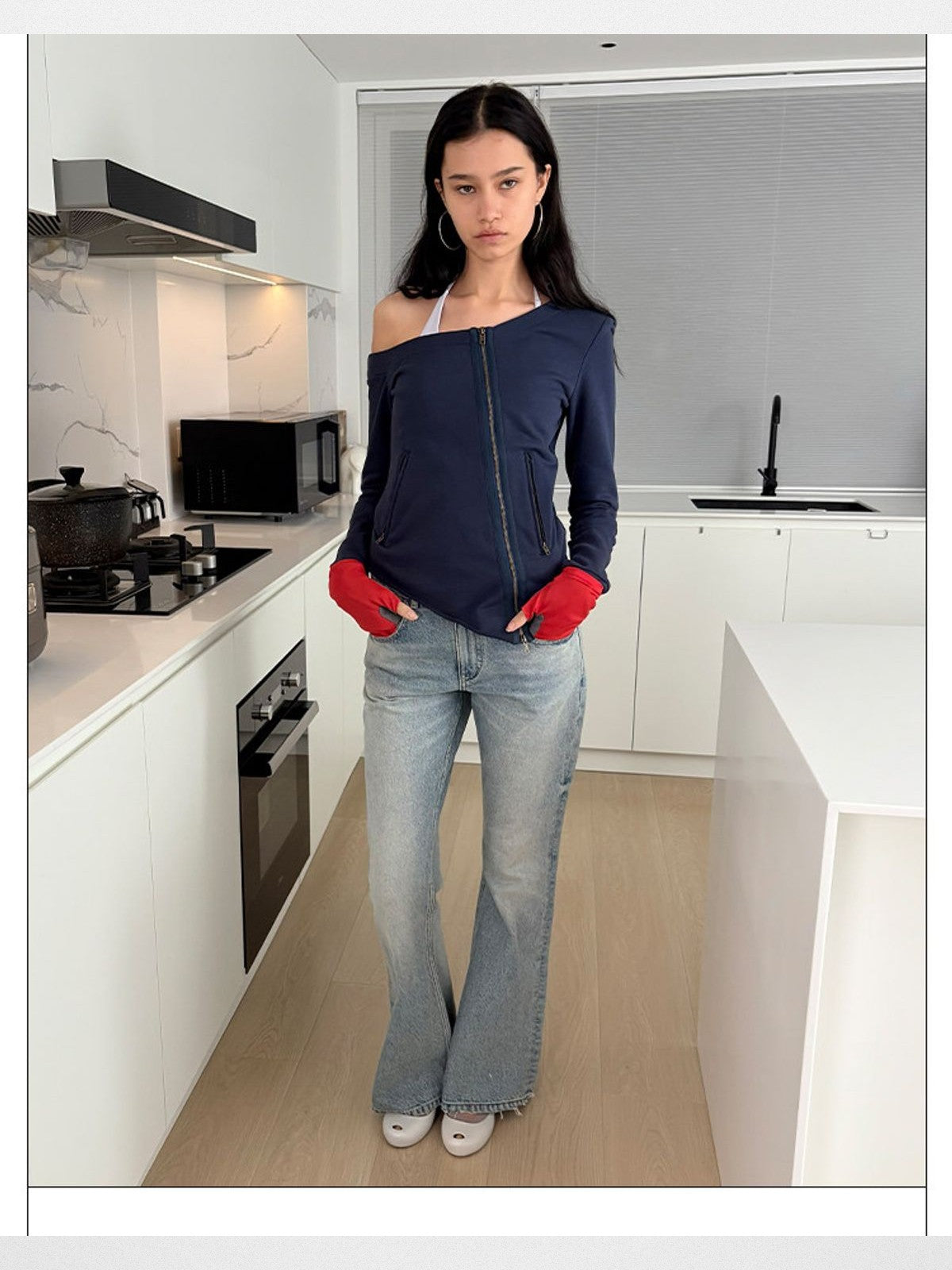 RARELY ALIKE Asymmetrical Zip Up Sweatshirt in Navy Blue - On Model