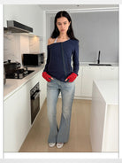 RARELY ALIKE Asymmetrical Zip Up Sweatshirt in Navy Blue - On Model