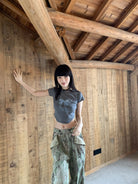 NeverSeez Lace Bow Graphic Baby Tee in Gray - On Model