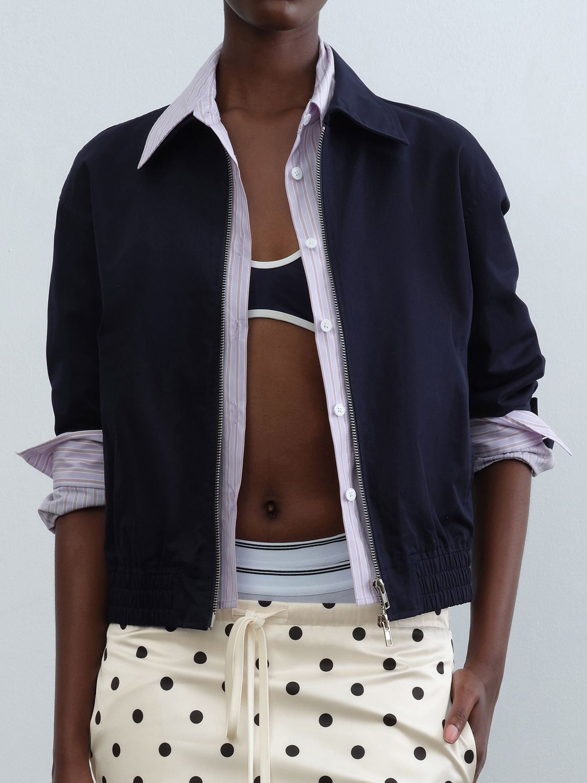 RARELY ALIKE Faux Layered Striped Collar Jacket in Navy Blue - On Model