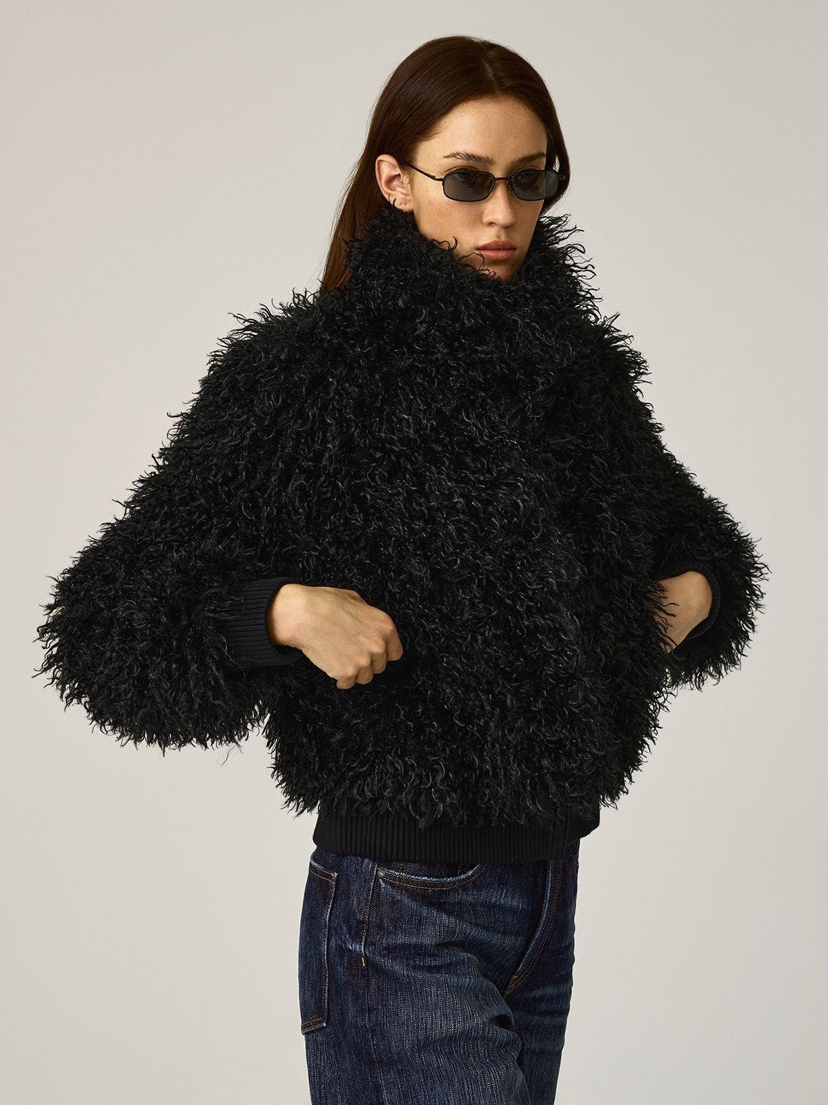 Alright then Faux Mongolian Lamb Fur Jacket in Black - On Model