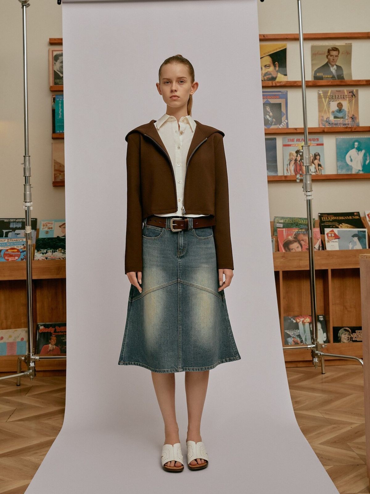 Alright then Hooded Wool Double Zip Jacket in Brown - On Model