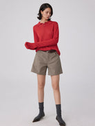 Simple Project Semi Sheer Linen Blend Knit Polo in Red - On Female Model