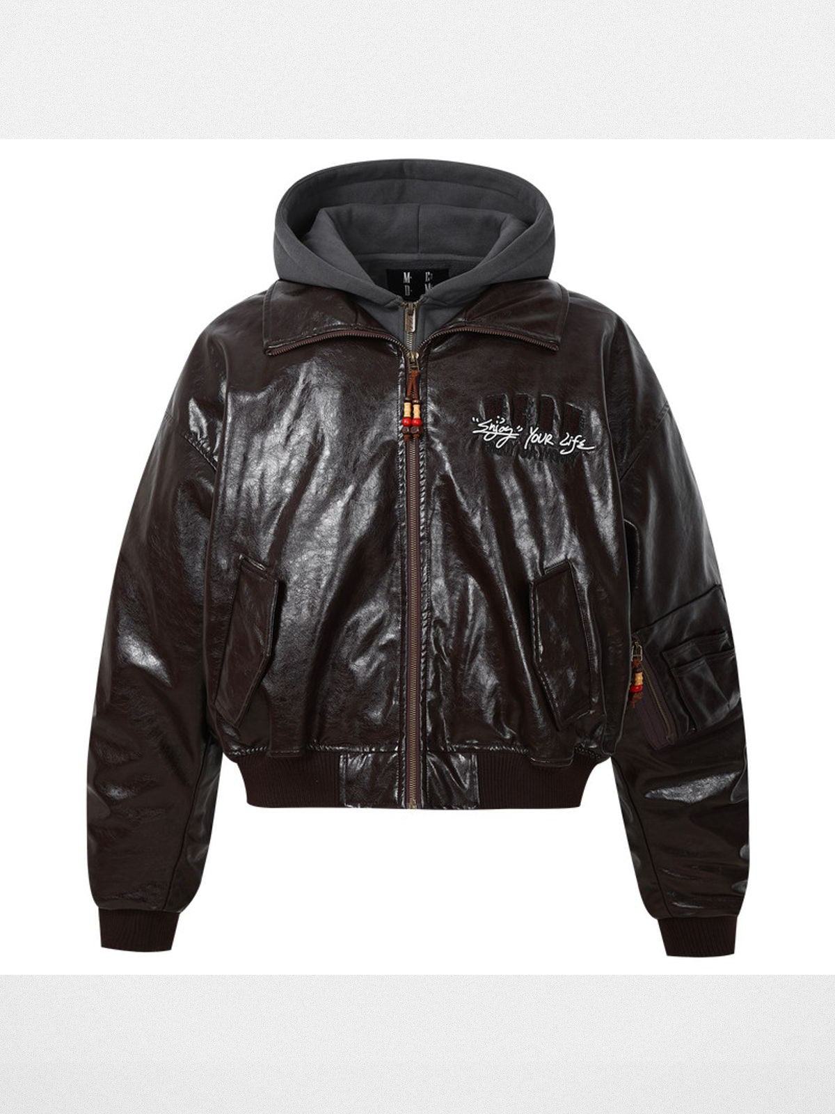 MEDM Faux Leather Layered Hooded Puffer in Brown