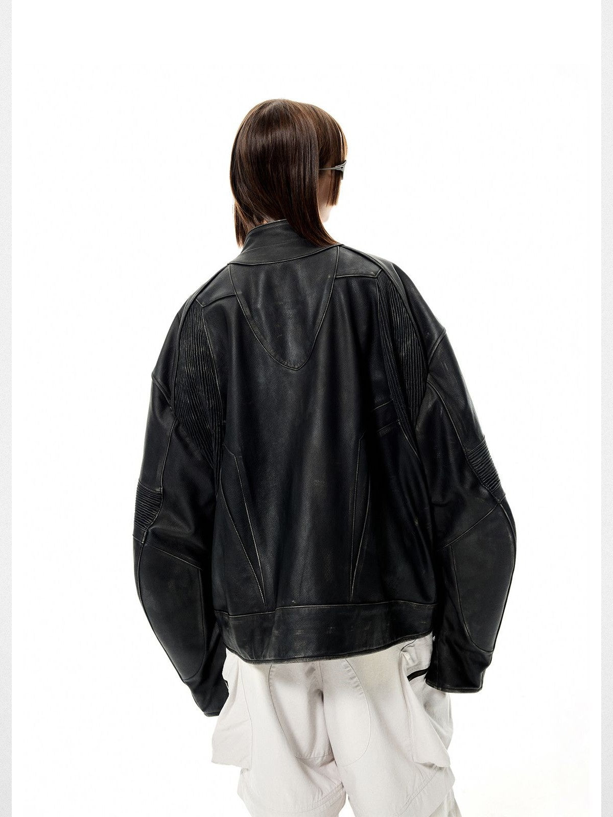 UNKNOWNWORLD Structured Cowhide Biker Jacket in Black - On Model