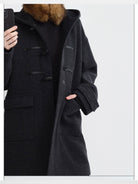 RARELY ALIKE Hooded Lambswool Duffle Coat in Gray - On Model
