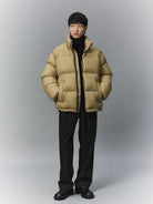 NANS Heavyweight Nylon Down Puffer in Beige - On Model