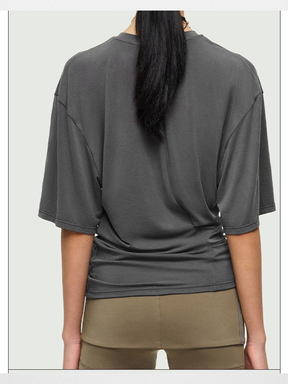 RARELY ALIKE Asymmetrical Ruched Waist Tee in Gray - On Model