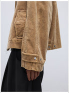 RandomPiece Distressed Corduroy Raglan Jacket in Beige - Detail