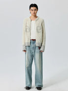 Simple Project Color Block Wool Blend Zip Cardigan in Beige - On Male Model