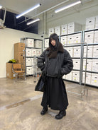 NeverSeez Asymmetric Zip Sherpa Collar Jacket in Black - On Model