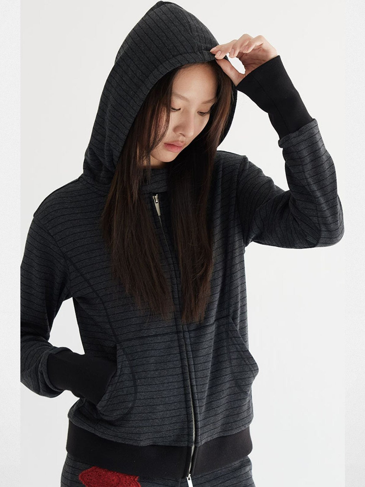 THELIGHT OFFICIAL Striped Zip Up Hoodie in Gray - On Model