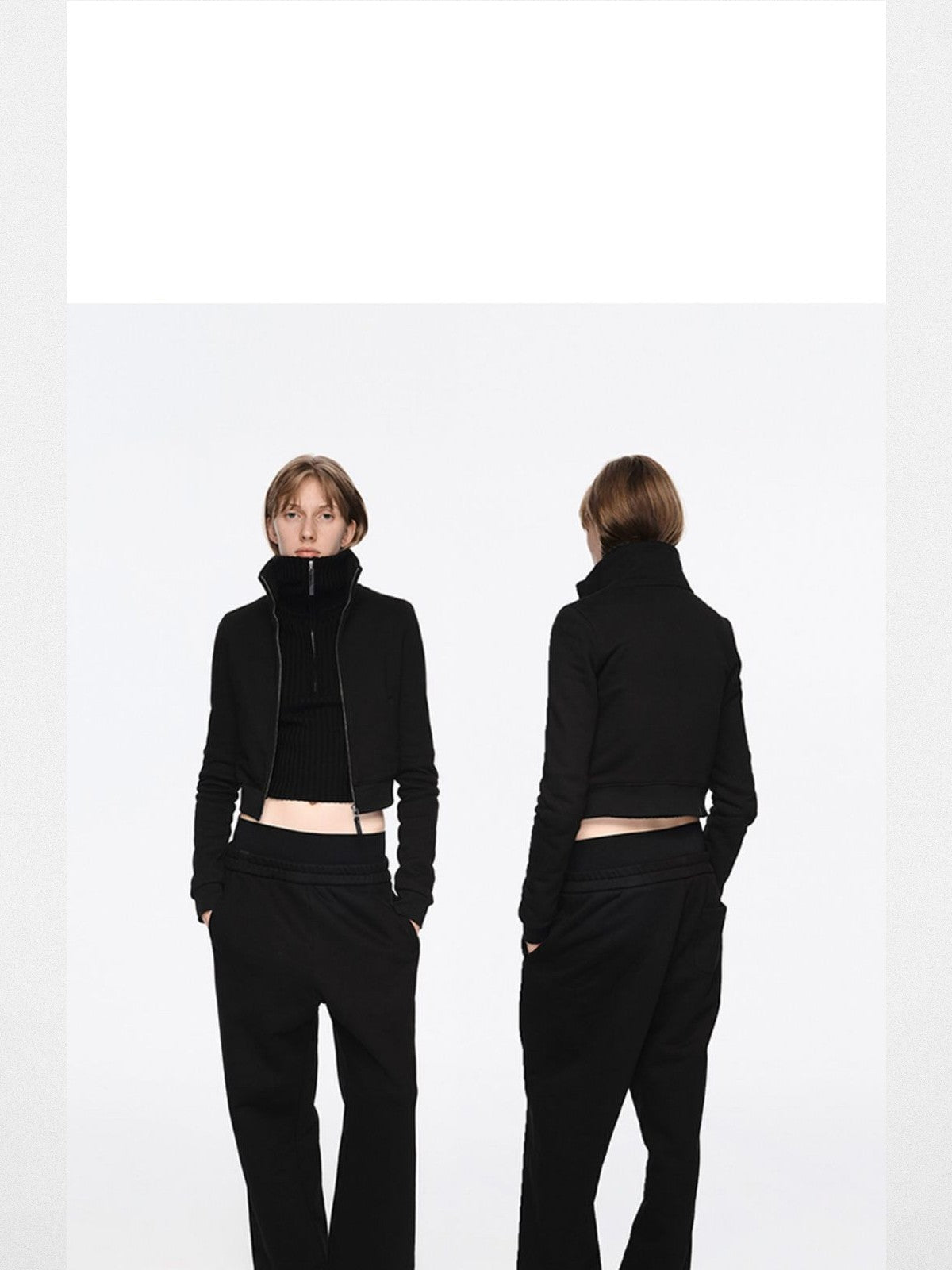 RARELY ALIKE Cropped Stand Collar Zip Jacket in Black - On Model