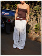 RandomPiece Hollow Out Embroidered Pants in White - On Model