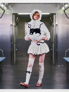 CFIERCE Heart Print Cat Ear Zip Hoodie in White - On Female Model