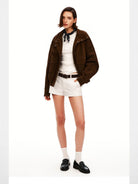 PUKI Cropped Sueded Stand Collar Jacket in Brown - On Model