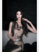 1S STUDIO One Shoulder Acetate Satin Dress in Gray - On Model