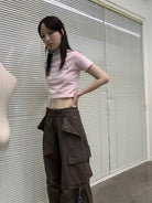 NeverSeez Accordion Pocket Wide Leg Cargo Pants in Brown - On Female Model