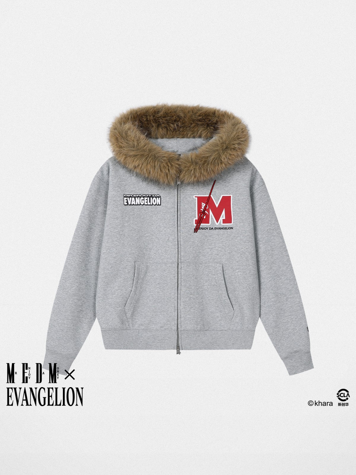 MEDM Lilith Graphic Fur Collar Zip Hoodie in Gray