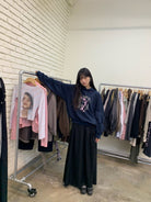 NeverSeez Layered Graphic Patch Hoodie in Navy - On Female Model