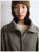 RandomPiece Merino Wool Draped Zip Cardigan in Beige - On Model