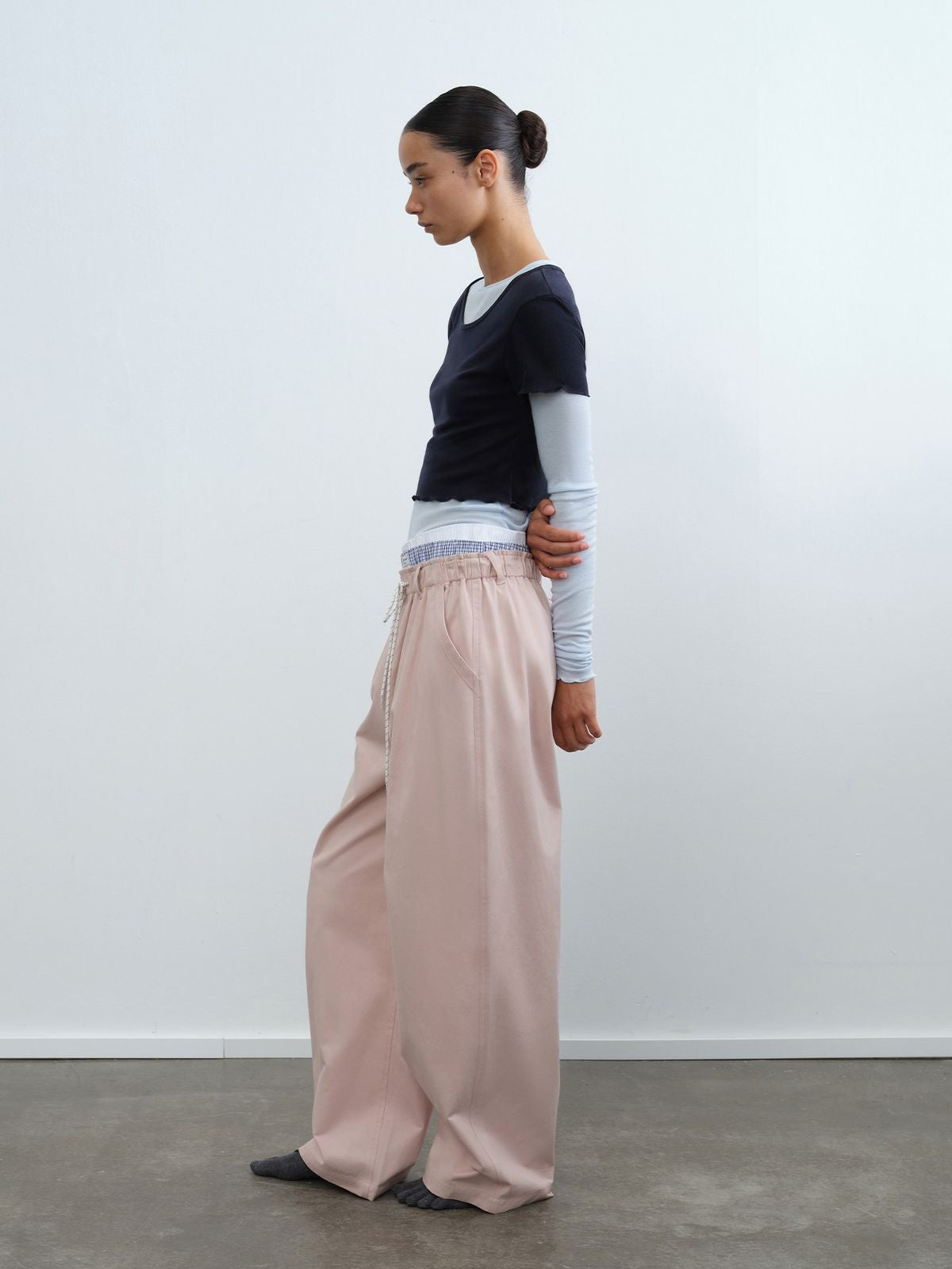 RARELY ALIKE Raw Denim Drawstring Wide Leg Pants in Pink - On Model