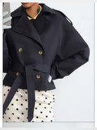 RARELY ALIKE Double Breasted Short Trench Jacket in Navy Blue - On Model