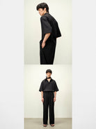 ROYA Boxy Linen Blend Short Sleeve Shirt in Black - On Model