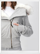 RARELY ALIKE Asymmetric Zip Hooded Jacket in Gray - On Model