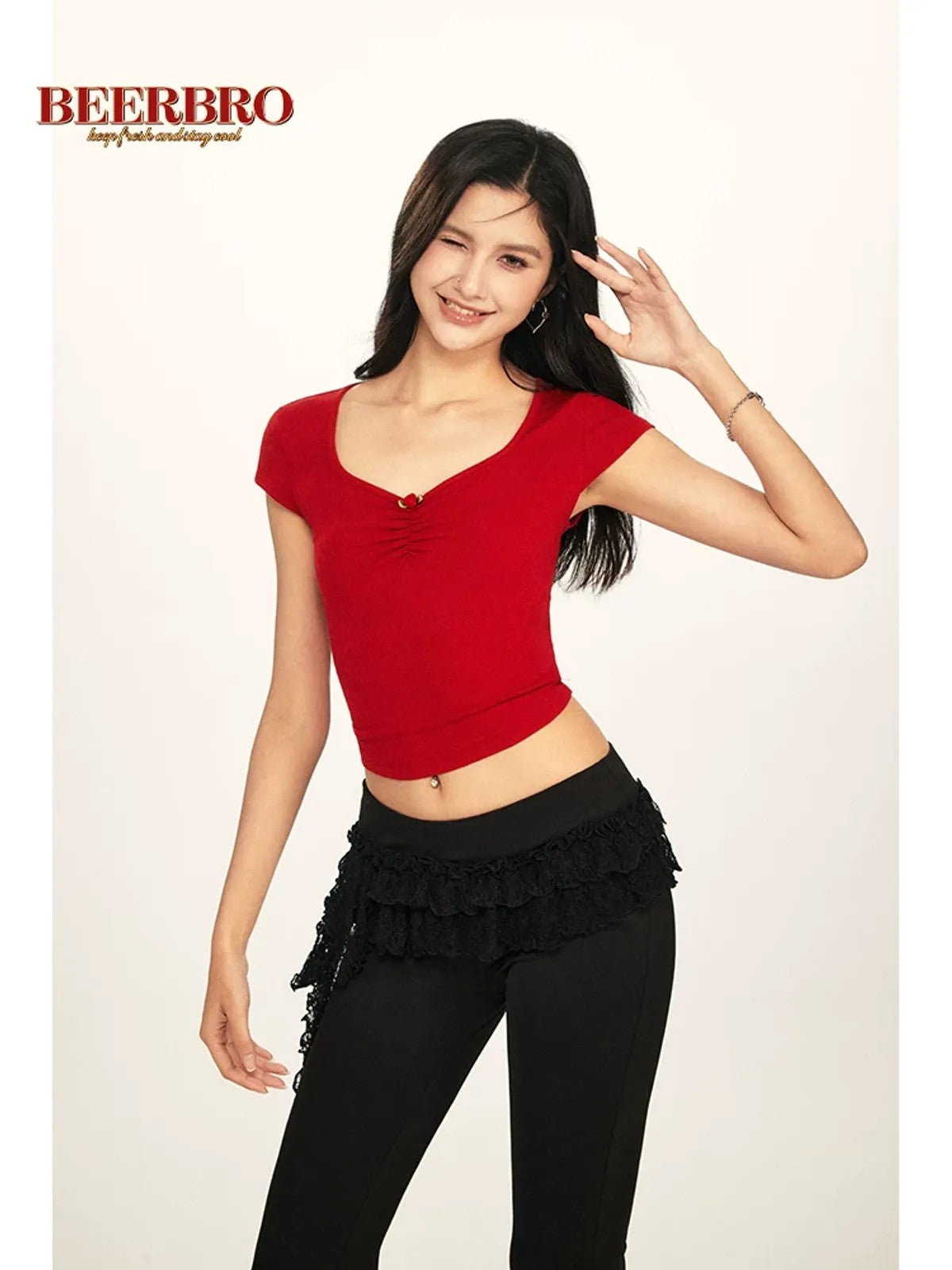 BeerBro Twist Front Ruched Tee in Red - On Model