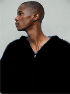 TRIANGLE PROJECT Faux Mink Zip Up Hooded Jacket in Black - On Model