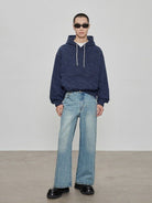 NANS Heavyweight Washed French Terry Hoodie in Navy Blue - On Model