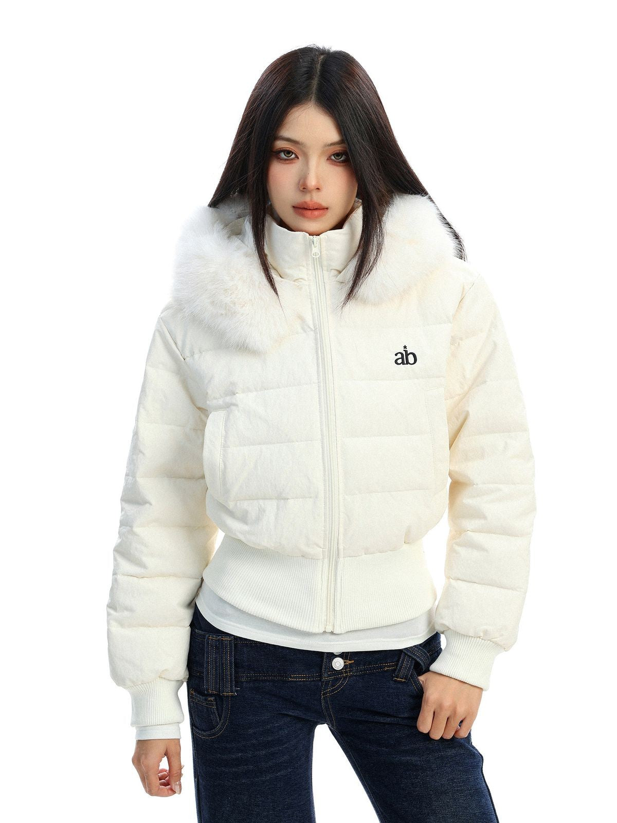 Big Gold studio Fur Trimmed Cropped Down Puffer in Off-White - On Model