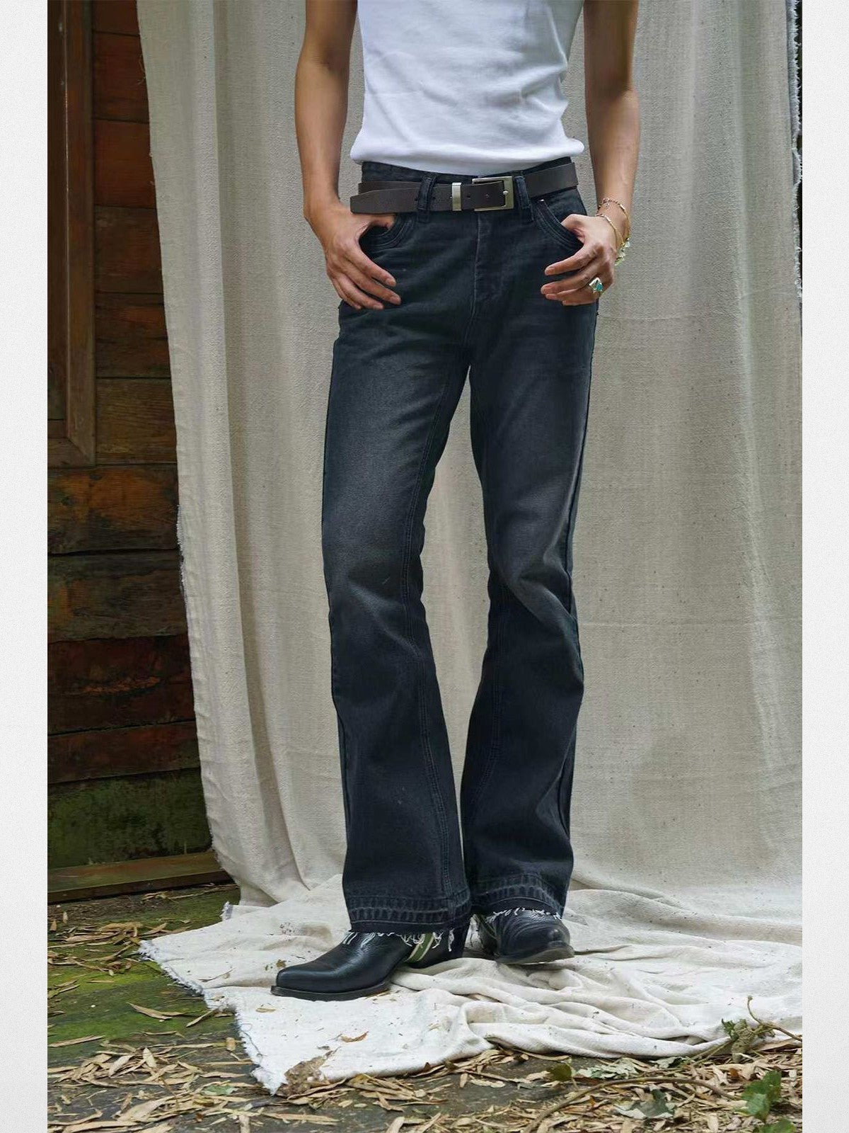 Retro 21 Spliced Contrast Flared Jeans in Gray - On Male Model