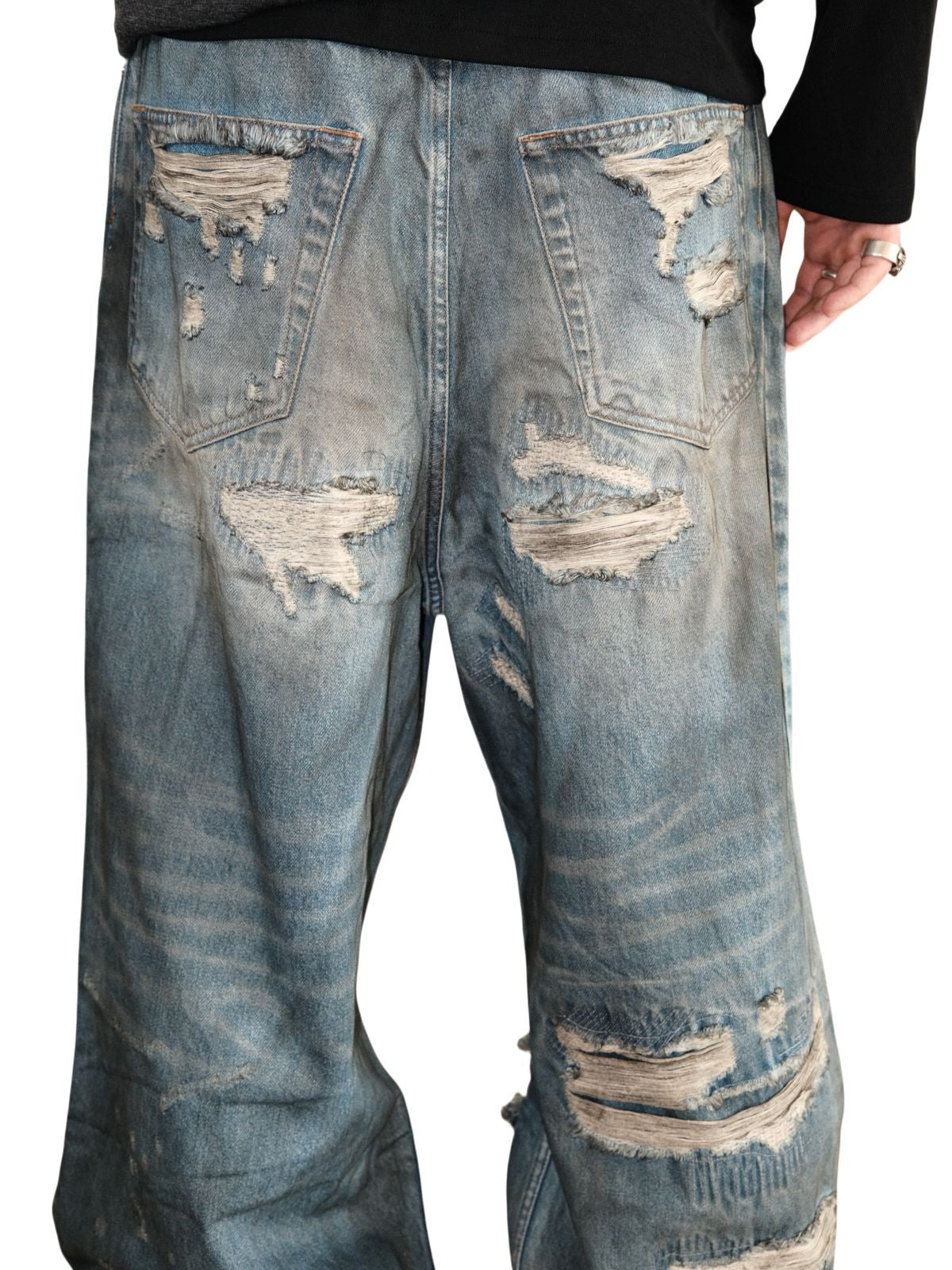 UNKNOWNWORLD Distressed Boro Mud Dyed Jeans in Denim - On Model