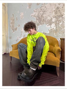 TRIANGLE PROJECT Mud Dyed Hand Painted Distressed Jeans in Dark Gray - On Model