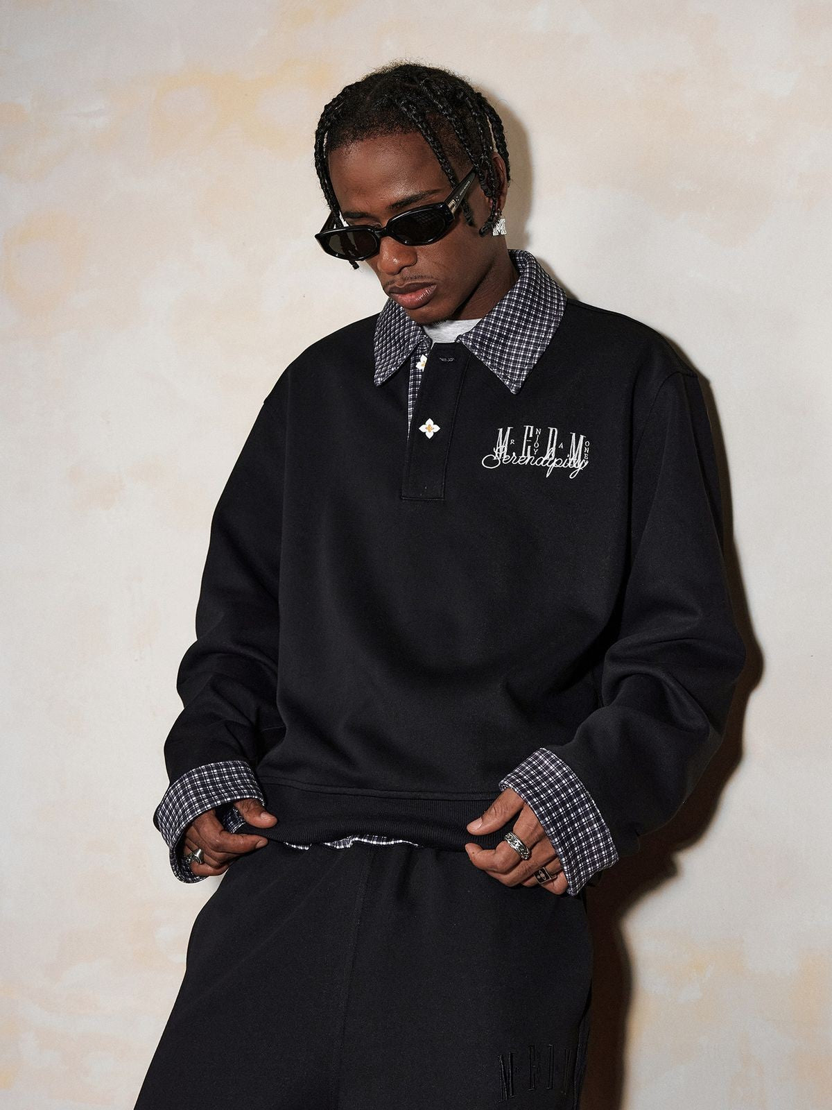 MEDM Plaid Collar Cotton Blend Polo in Black - Lifestyle