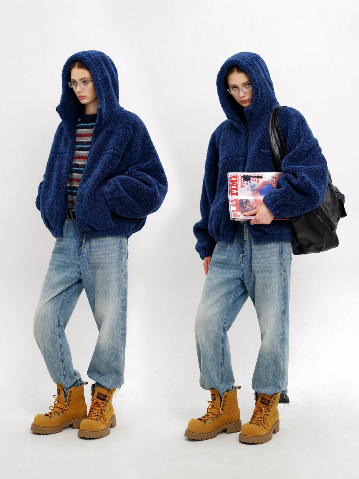 MasonPrince Contrast Logo Fleece Hooded Jacket in Navy Blue - On Model