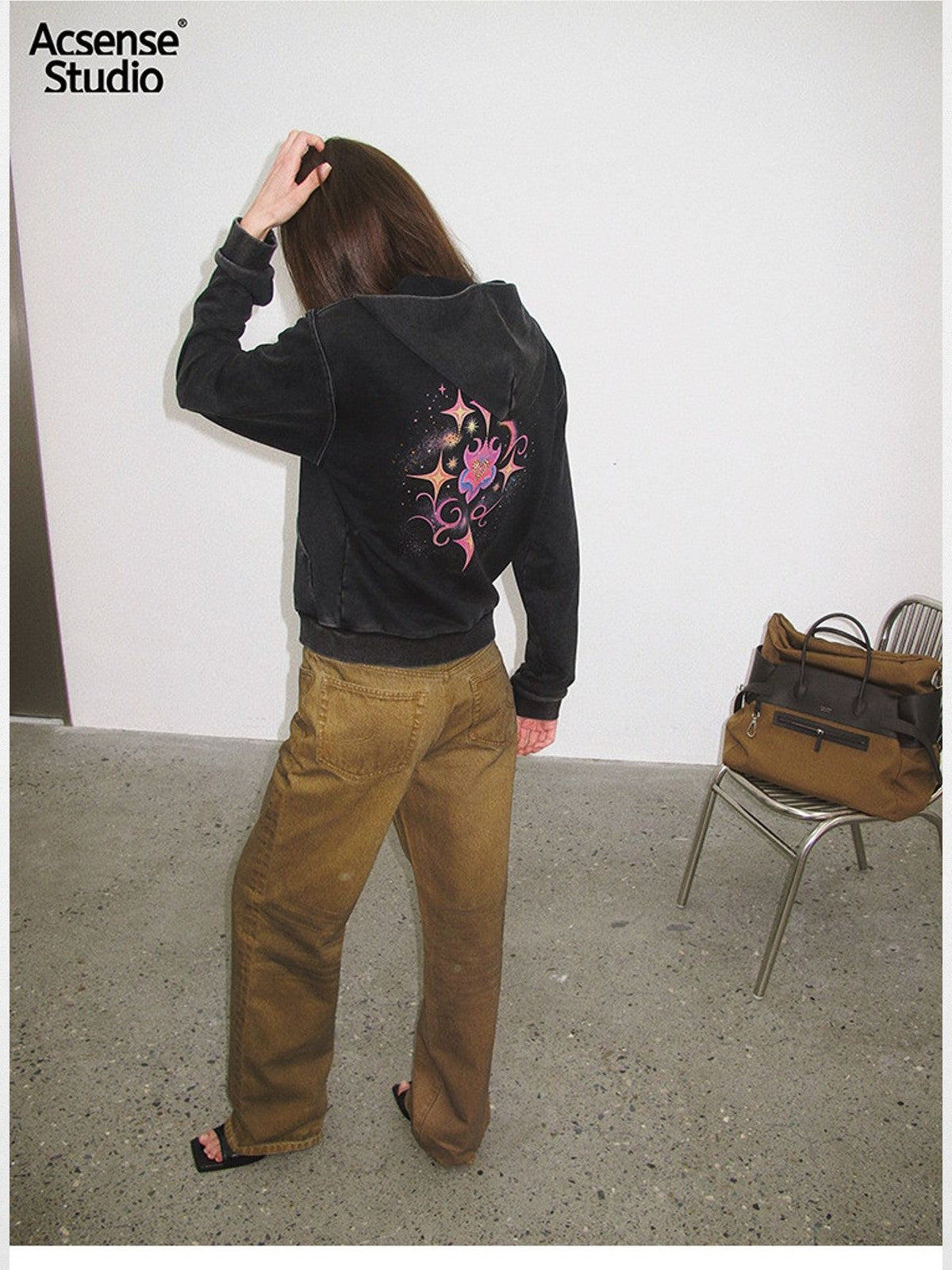 ACSENSE STUDIO Rhinestone Logo Zip Up Hoodie in Black - On Model