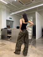 NeverSeez Quick Dry Wide Leg Trousers in Camouflage - On Female Model